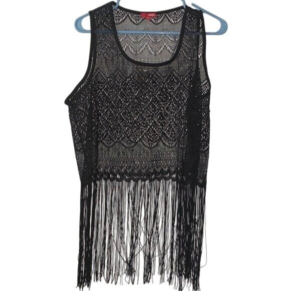 Black Crochet Fringe Tank Top 1X By Bongo 100% Polyester Sleeveless Semi-Sheer B - Picture 1 of 5